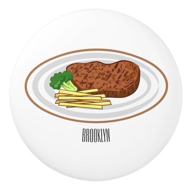 Steak cartoon illustration ceramic knob (Front)