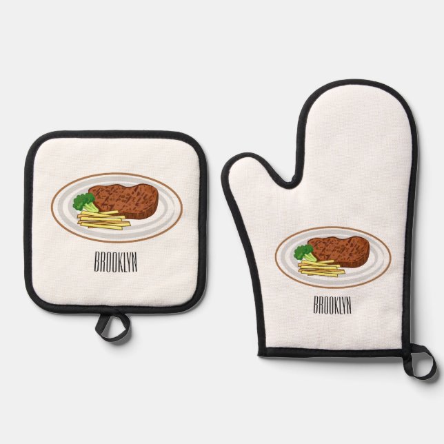 Steak cartoon illustration oven mitt & pot holder set (Front)