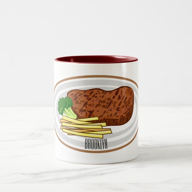 Steak cartoon illustration Two-Tone coffee mug (Center)