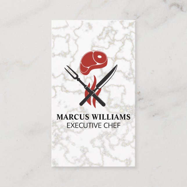 Steak | Service Cutlery | Chef | Marble Business Card (Front)