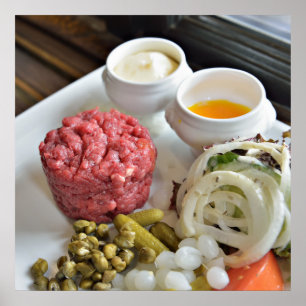 Steak tartar with vegetables and spices poster