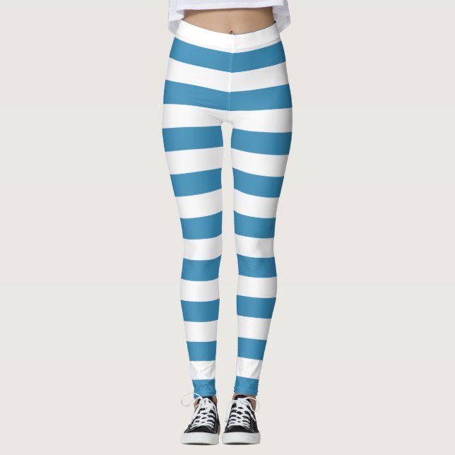 Steal blue and white colour horizontal striped leggings (Front)