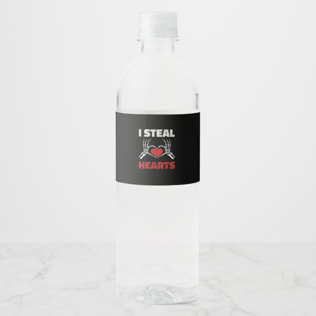 Steal Hearts Valentines Day Funny Skeleton Hand Water Bottle Label (Front)