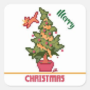 stealing cat, tree, Pixel Art, Merry Christmas  Square Sticker