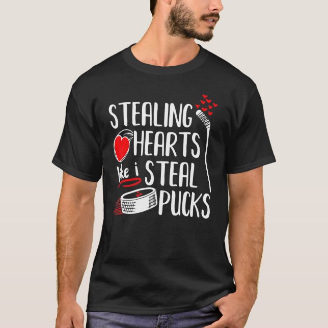 Stealing Hearts Pucks Valentine's Day Hockey T-Shirt (Front)