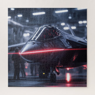 Stealth Jet in Rainy Hangar – Sci-Fi Puzzle