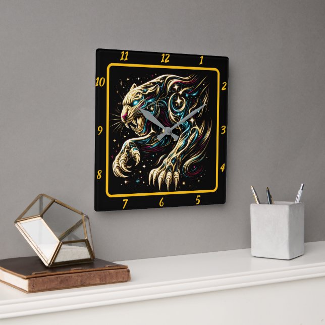 Stealth Panther Neon Light Timekeeper Square Wall Clock (Office)