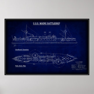 Steam Battleship USS MAINE Blueprint 1894 Poster