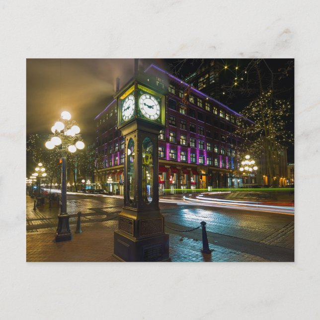 Steam Clock in Gastown Vancouver BC at Night Postcard (Front)