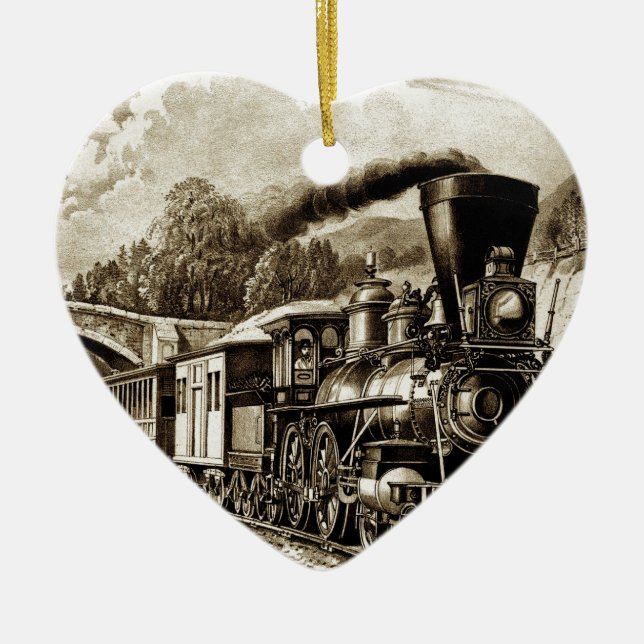 Steam engine locomotive history ceramic tree decoration (Front)