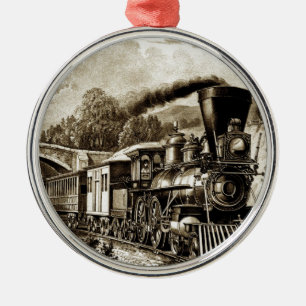 Steam engine locomotive history metal tree decoration