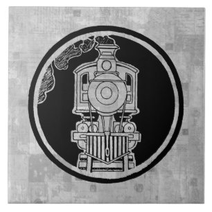 Steam Engine Locomotive Train Illustrated w Stamps Tile