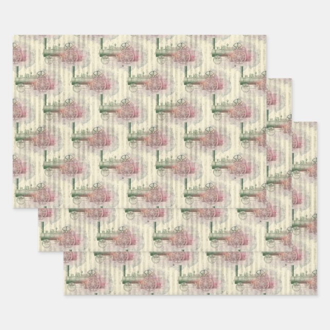 Steam Engine Train and Stripes Wrapping Paper Sheet (Set)