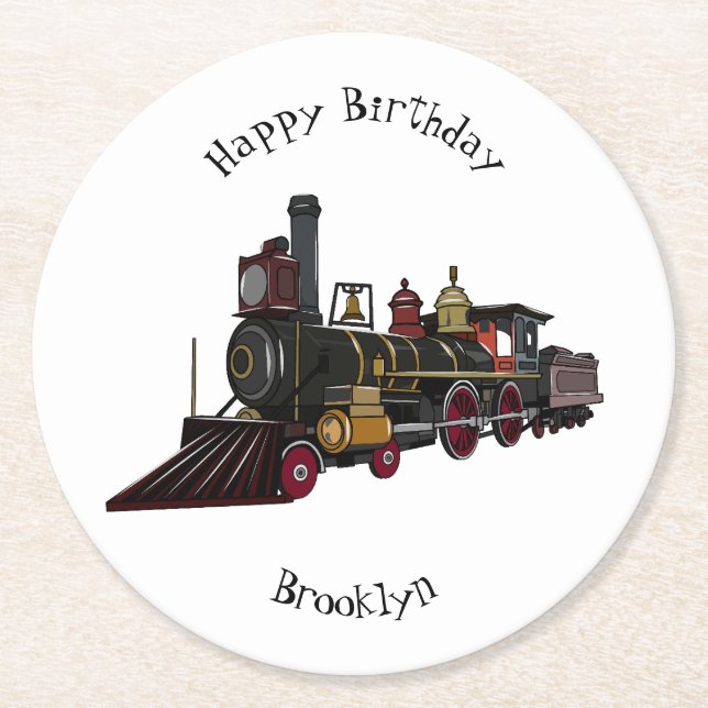 Steam locomotive cartoon illustration  round paper coaster (Front)