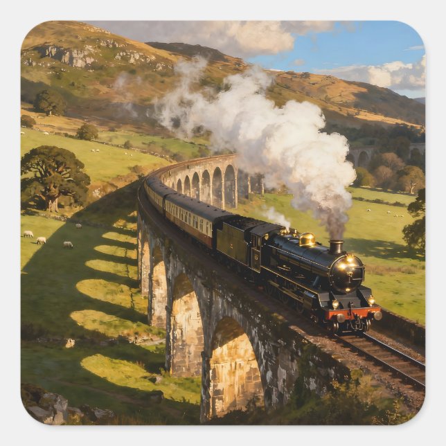 Steam Locomotive on Viaduct Square Sticker (Front)