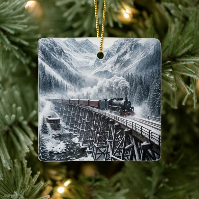 Steam Locomotive Train On a Mountain Trestle Ceramic Ornament (Tree)
