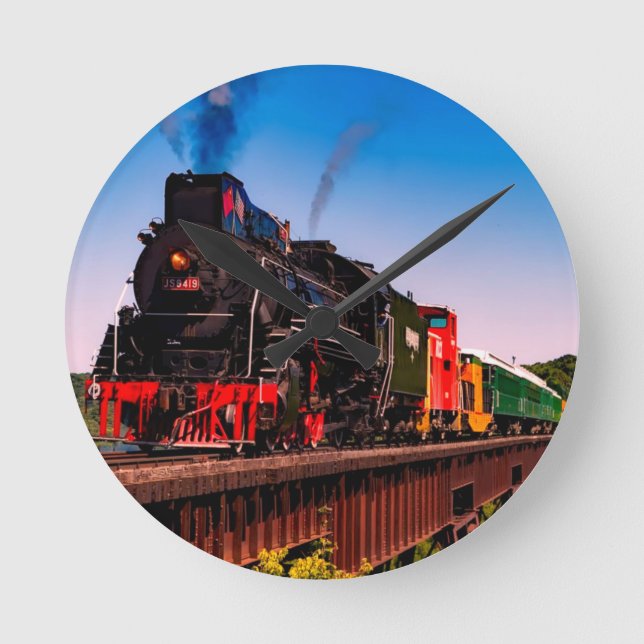 Steam Locomotive Train Railway Railroad Gifts Round Clock (Front)