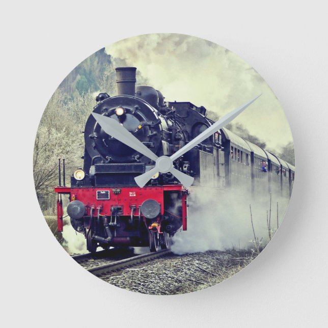 Steam Locomotive Train Railway Railroad Gifts Round Clock (Front)
