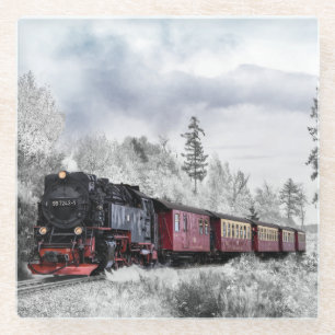 Steam Locomotive Train Travelling Through the Snow Glass Coaster