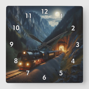 Steam Locomotive Travelling Through the Mountains Square Wall Clock