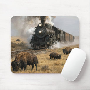 Steam Locomotive with Grazing Buffalo Mouse Mat