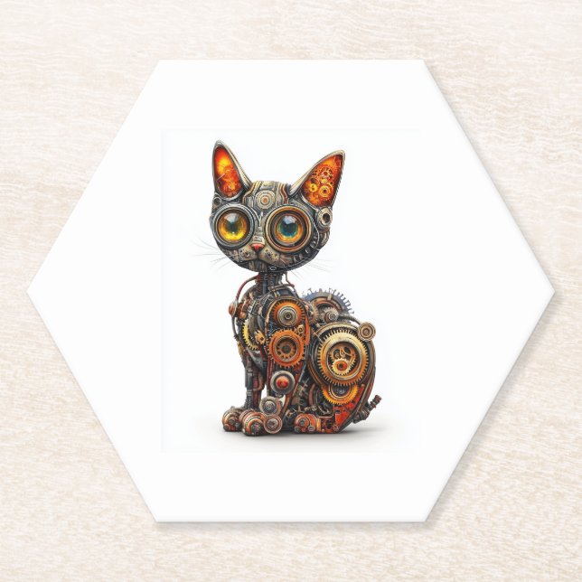 Steam Powered Purr � Steampunk Robot Cat Paper Coaster (Front)