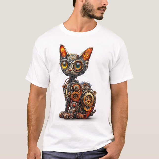 Steam Powered Purr � Steampunk Robot Cat T-Shirt (Front)