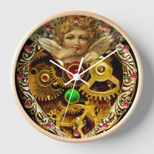 STEAM PUNK ANGEL GEARS ,MECHANISM AND GEMSTONES CLOCK