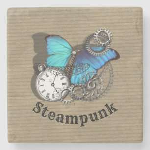 Steam Punk Blue Butterfly Pocket Watch Design Stone Coaster