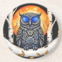 Steam Punk Blue Eyed Owl and Full Moon