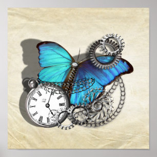 Steam Punk Butterfly Pocket Watch Silver Teal Blue Poster