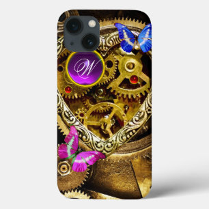 STEAM PUNK GEARS ,GEMSTONES, BUTTERFLIES MONOGRAM iPhone 13 CASE