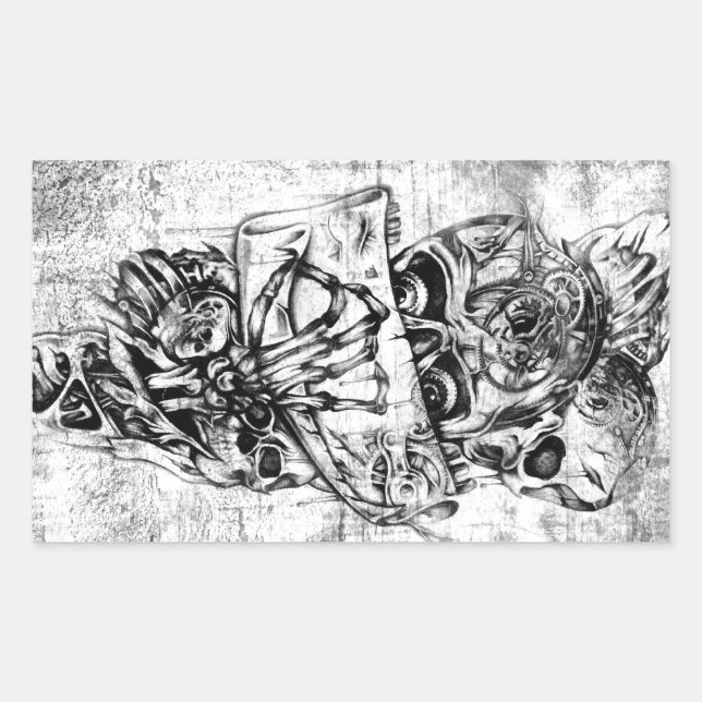 Steam Punk hand illustrated skulls on grunge base Rectangular Sticker (Front)