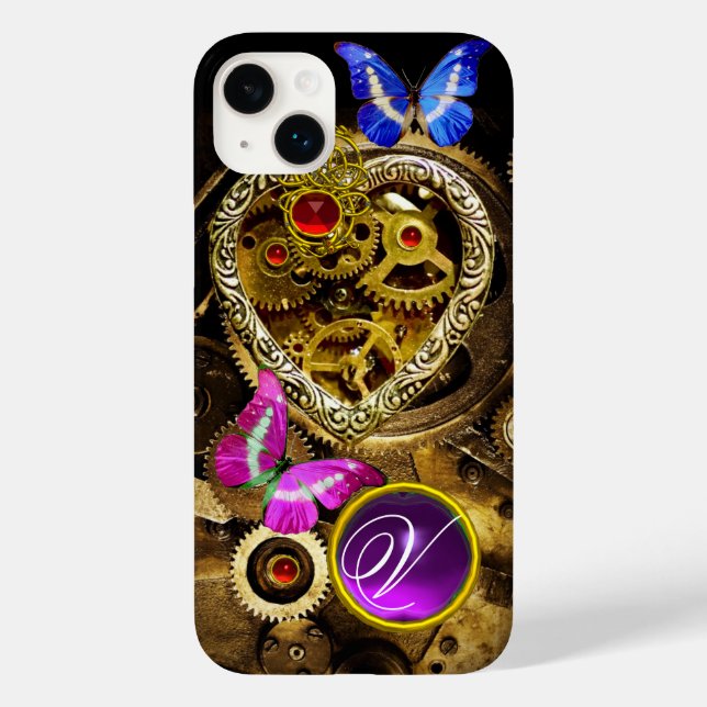 STEAM PUNK HEART,GEARS,GEMS,BUTTERFLIES MONOGRAM Case-Mate iPhone CASE (Back)