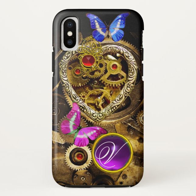 STEAM PUNK HEART,GEARS,GEMS,BUTTERFLIES MONOGRAM Case-Mate iPhone CASE (Back)