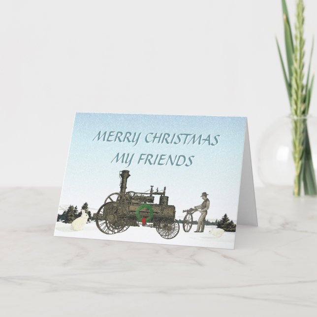 Steam Traction Engine Farm Tractor Antique Farming Holiday Card (Front)