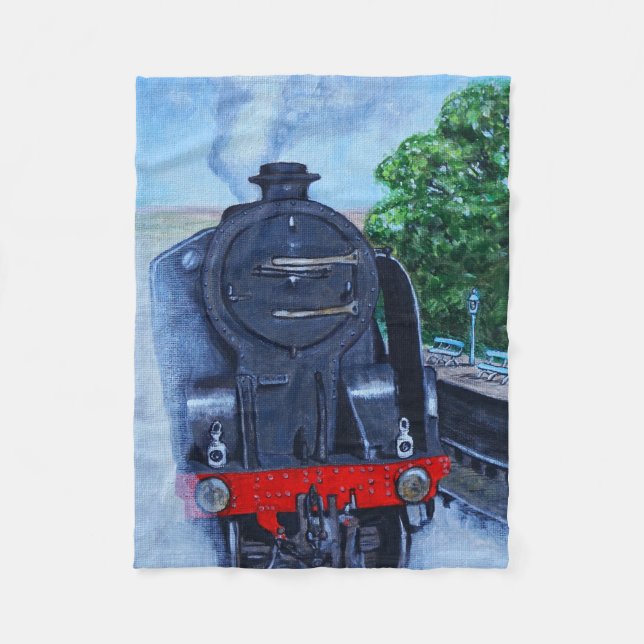 Steam Train at the Station Painting Fleece Blanket (Front)