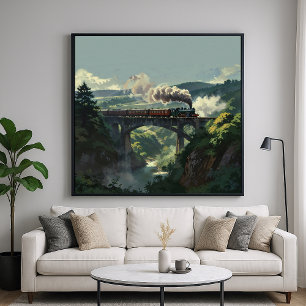 Steam Train Bridge - Painterly Style Landscape Art Poster