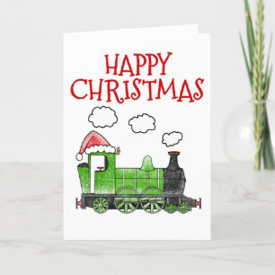 Steam Train Christmas Card Railroad Boy (Green)