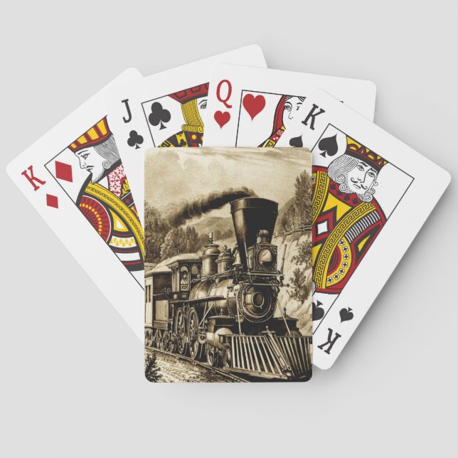 Steam Train Engine Locomotive Railroad Sepia Playing Cards (Back)