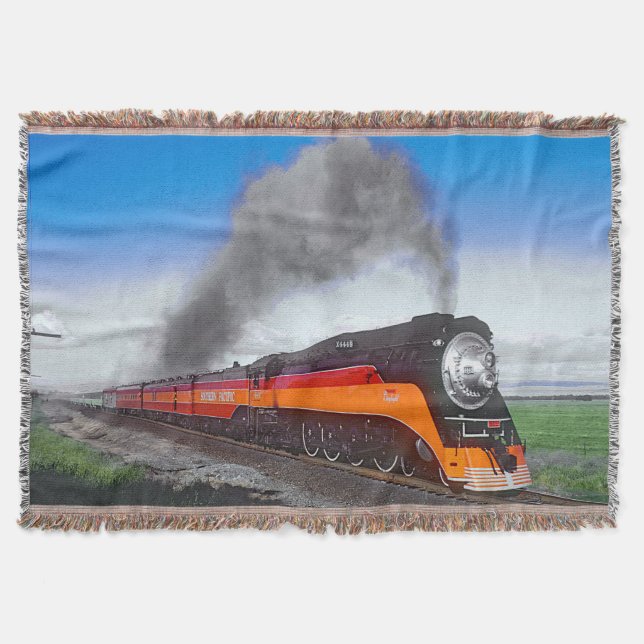 Steam Train Engine Locomotive SP4449 Black Orange Throw Blanket (Front)