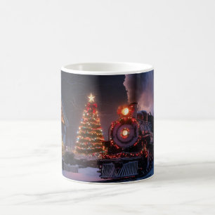 Steam train going through a Christmas town Coffee Mug