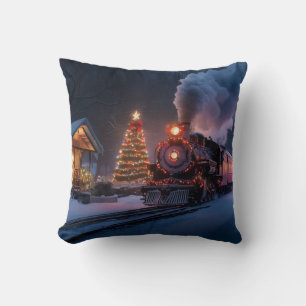 Steam train going through a Christmas town Cushion