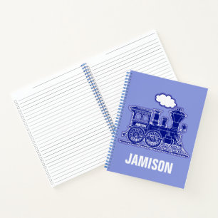 Steam train graphic in blue with custom name notebook