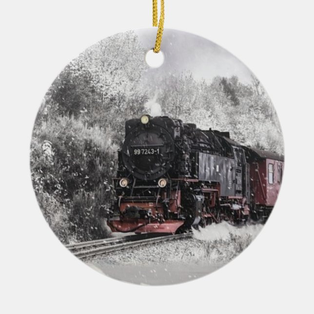 Steam Train in Snow Ceramic Tree Decoration (Front)