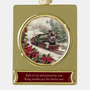 Steam Train in Snowy Pines – Classic Christmas Gold Plated Banner Ornament
