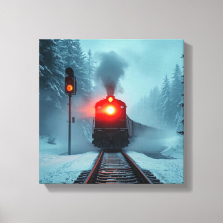 "Steam Train in Snowy Winter Forest" Canvas Print