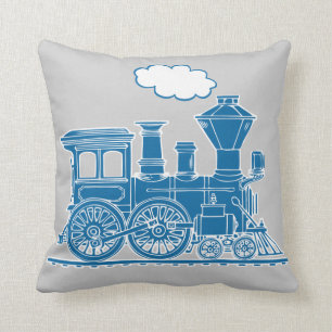Steam train loco blue grey throw pillow