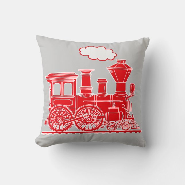 Steam train loco bright red grey throw pillow (Front)