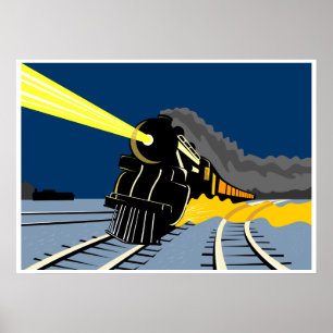 steam train locomotive traveling at night lights poster